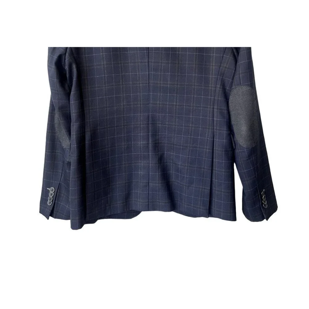 Zara Mens Blazer Size 40 Navy Blue Plaid Wool Blend Button‎ Front